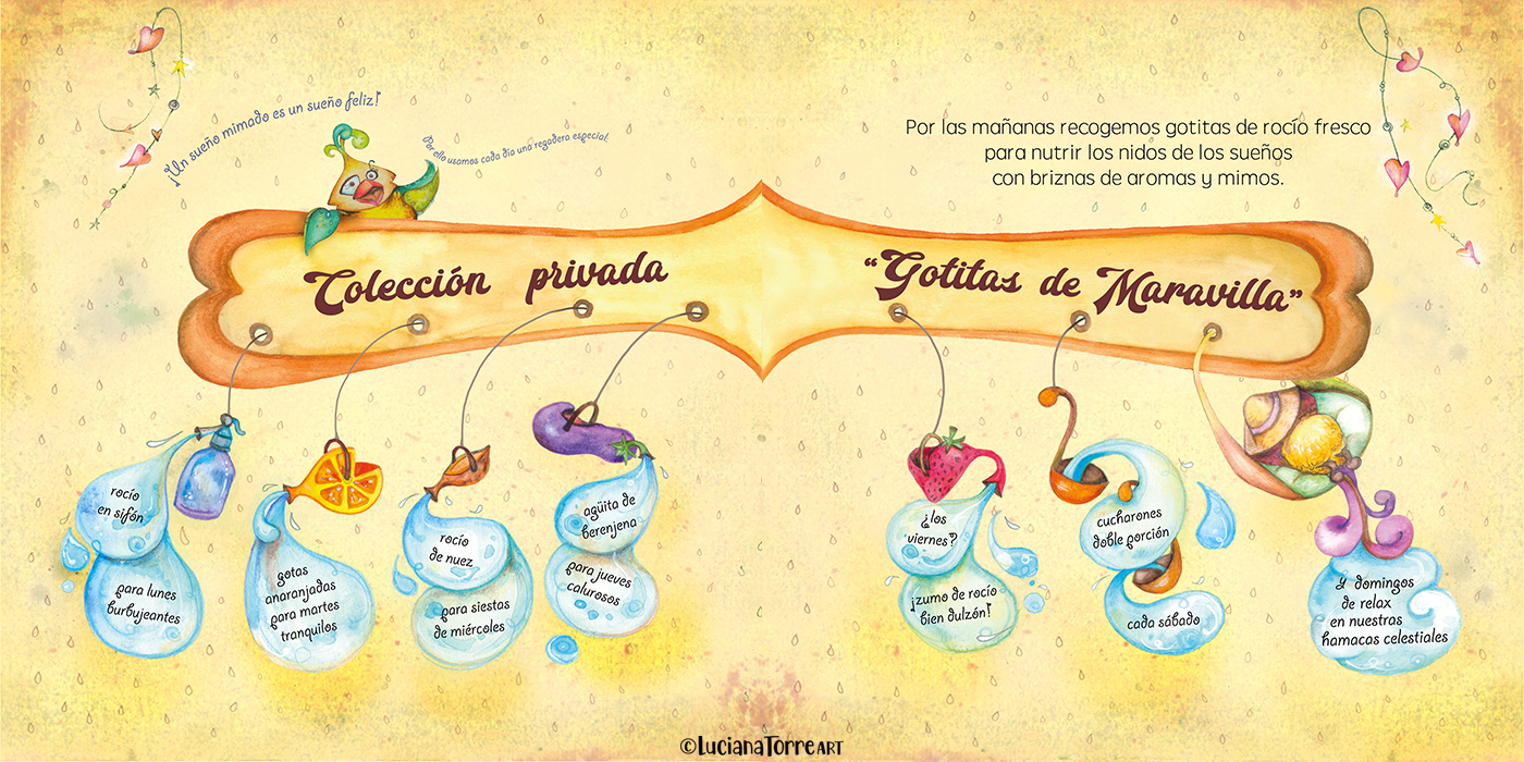 fantasy children book illustration from kid's book of dreams with fantastic collection of magical watering can with funny hand lettering and super powers for have happy dreams. fantasy kid design full of magic and poetry with cute weird characters illustrated by watercolour artist Luciana Torre