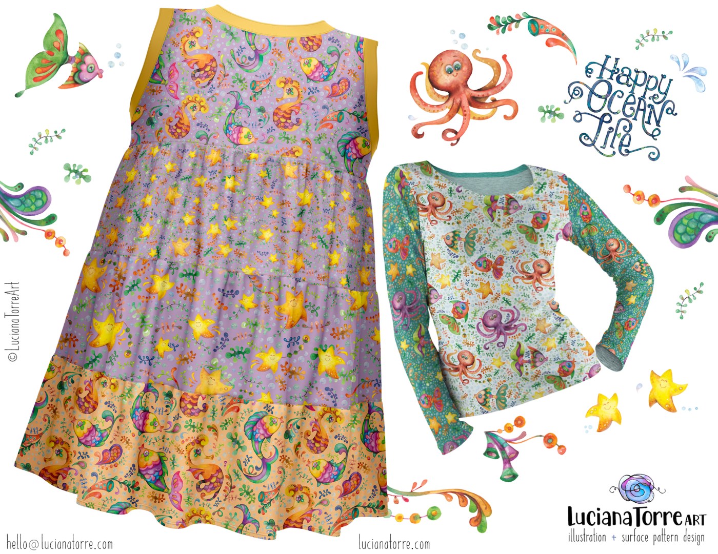 Colorful children's clothing featuring playful marine life illustrations, including creatures like octopuses, starfish, and seahorses, with a whimsical design perfect for a summery ocean theme.