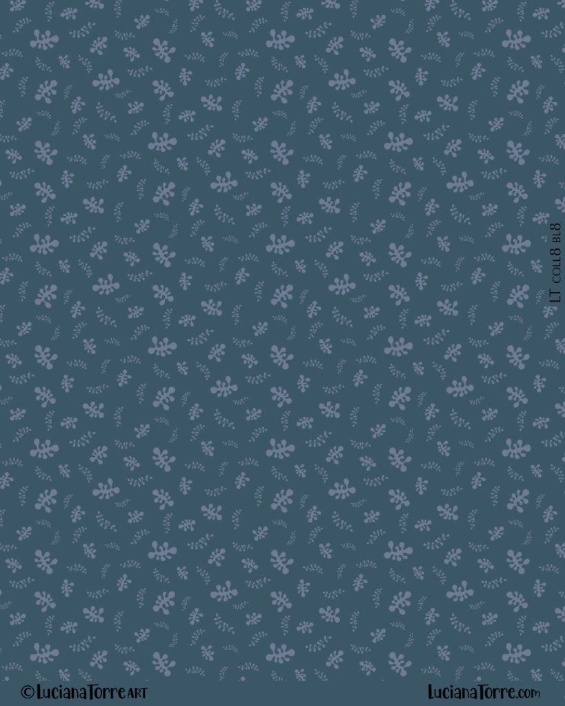 Seamless pattern featuring light blue marine botanicals on a dark blue background, creating a whimsical design suitable for children's textiles.