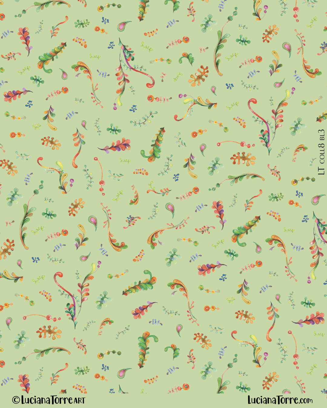 delicate marine flowery print design with bohemian botanical motifs. Spring watercolour illustration of coastal floral design in rainbow tones and pastel green in pattern repeat collection by Luciana Torre Art
I’m Luciana Torre, a fine artist & illustrator, freelance graphic designer & surface pattern designer with the passion for hand drawn lettering. I’m a commercial artist specialized in watercolor floral illustrations and hand painted botanical designs with gorgeous butterflies. I create joyful art for products available in two ways: by licensing my ready-made designs and creating custom artwork, prints & surface pattern designs. Luciana Torre Art creates unique floral designs and watercolor botanical illustrations for stationery and paper products, as well as floral textiles