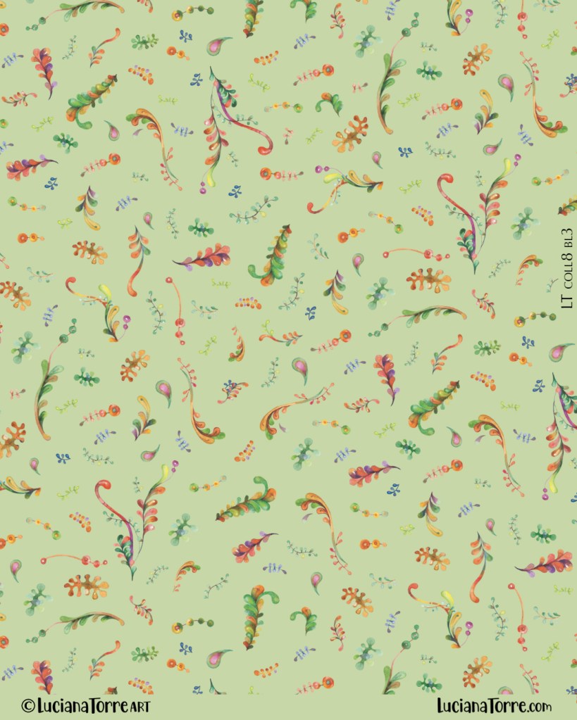 delicate marine flowery print design with bohemian botanical motifs. Spring watercolour illustration of coastal floral design in rainbow tones and pastel green in pattern repeat collection by Luciana Torre Art

I’m Luciana Torre, a fine artist & illustrator, freelance graphic designer & surface pattern designer with the passion for hand drawn lettering. I’m a commercial artist specialized in watercolor floral illustrations and hand painted botanical designs with fairy butterflies. I create joyful art for products available by licensing my ready-made designs and by creating new custom artwork, prints & surface pattern designs. Luciana Torre Art creates joyful floral designs and watercolor botanical illustrations for stationery and paper products, as well as floral textiles.