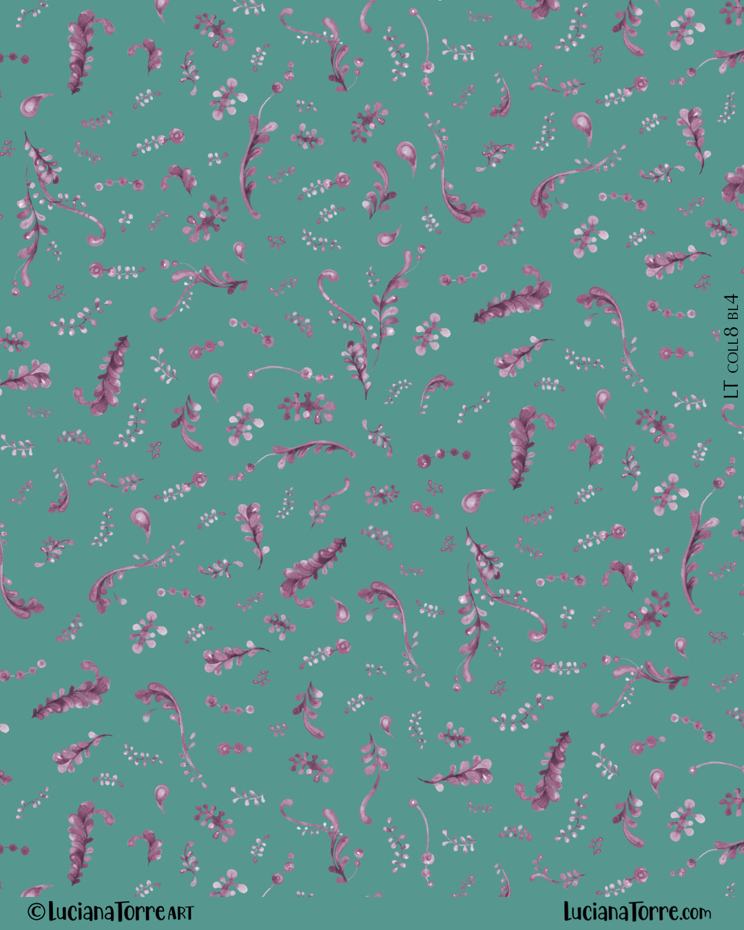 delicate marine flowery print design with bohemian botanical print. spring watercolour illustration of coastal floral pattern design in duotone violet purple and blue green in seamless repeat collection by Luciana Torre Art. I’m Luciana Torre, a fine artist & illustrator, freelance graphic designer & surface pattern designer with the passion for hand drawn lettering. I’m a commercial artist specialized in watercolor floral illustrations and hand painted botanical designs with gorgeous butterflies. I create joyful art for products available in two ways: by licensing my ready-made designs and creating custom artwork, prints & surface pattern designs. Luciana Torre Art creates unique floral designs and watercolor botanical illustrations for stationery and paper products, as well as floral textiles