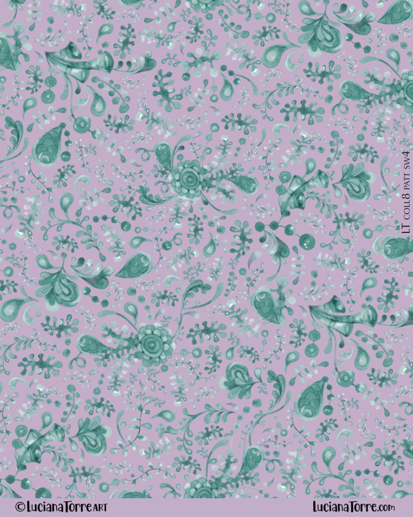 Seamless pattern featuring watercolor illustrations of marine plants and flowers in various shades of teal and green against a light purple background.