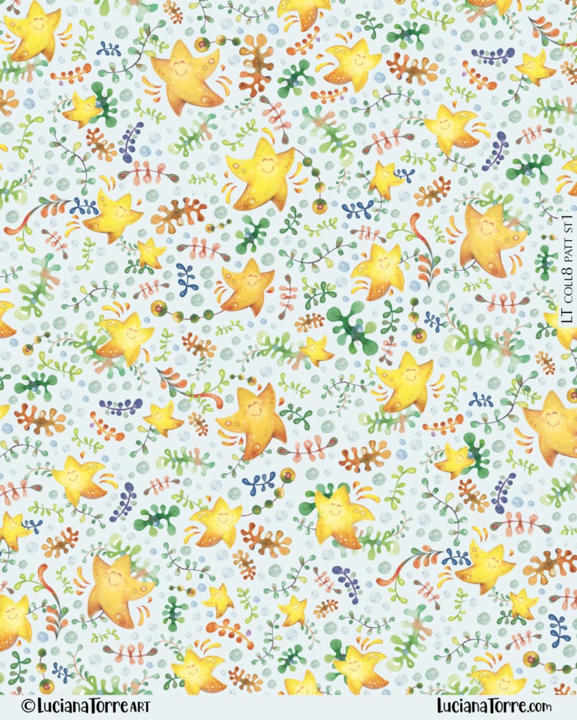 A seamless pattern featuring cheerful yellow starfish among colorful marine botanicals, with smiling faces and playful elements, on a light blue background.