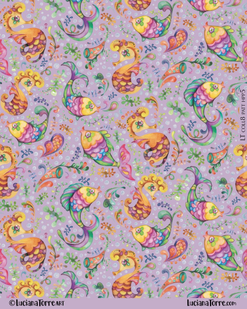 Seamless repeating pattern featuring colorful, whimsical fish and aquatic plants on a lavender background, designed for children's textiles.