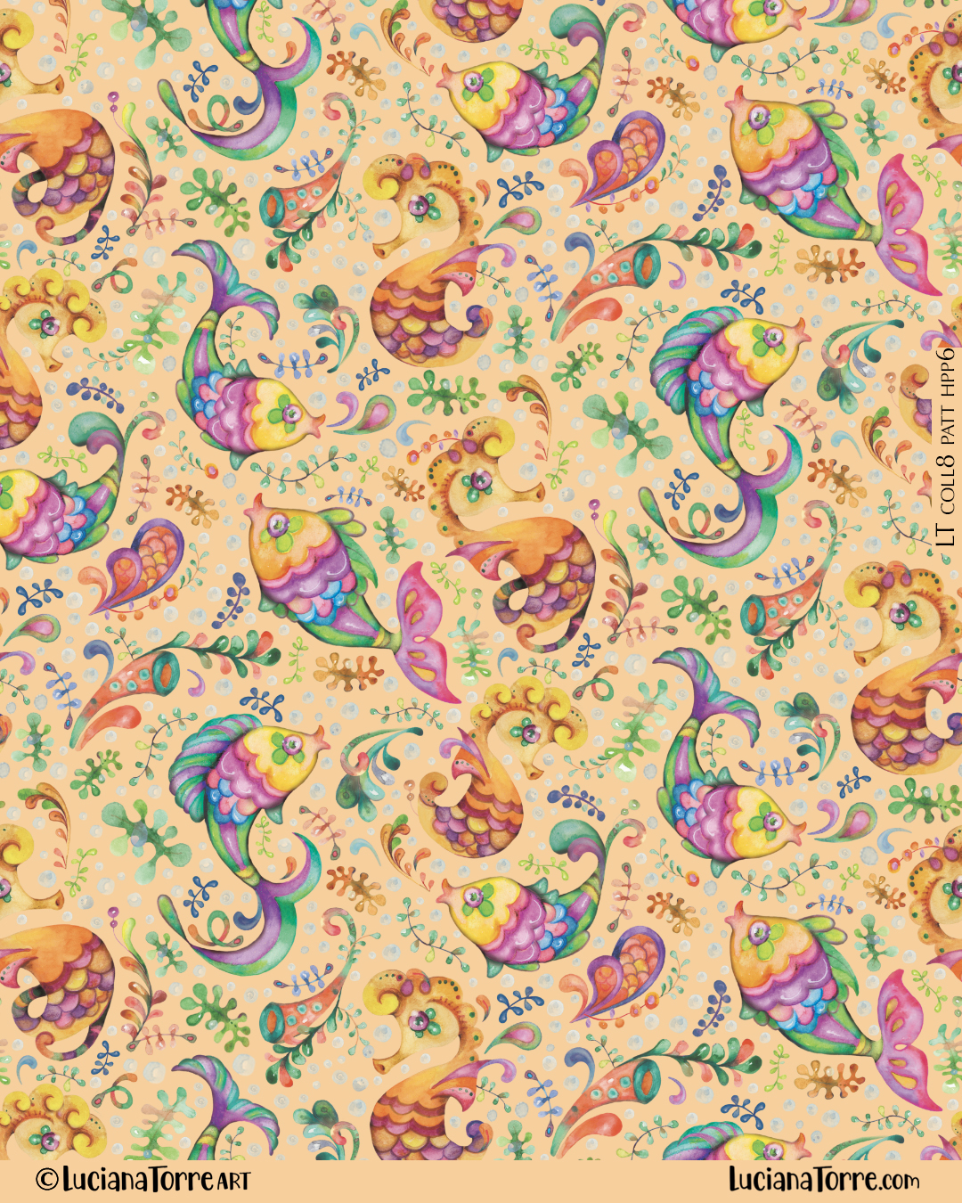 Joyful baby sea animal print design with playful hippocampus, cheerful tropical fishes in conversational style. Summer kids illustration and marine floral pattern design in pastel salmon pink by Luciana Torre Art
I’m Luciana Torre, a fine artist & illustrator, freelance graphic designer & surface pattern designer with the passion for hand drawn lettering. I’m a commercial artist specialized in watercolor floral illustrations and hand painted botanical designs with gorgeous butterflies. I create joyful art for products available in two ways: by licensing my ready-made designs and creating custom artwork, prints & surface pattern designs. Luciana Torre Art creates unique floral designs and watercolor botanical illustrations for stationery and paper products, as well as floral textiles