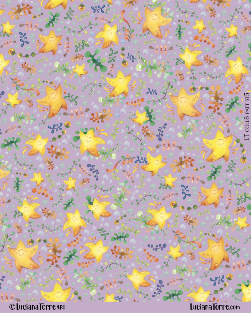 Colorful seamless pattern featuring cheerful starfish and marine botanicals on a light purple background, ideal for children's designs.