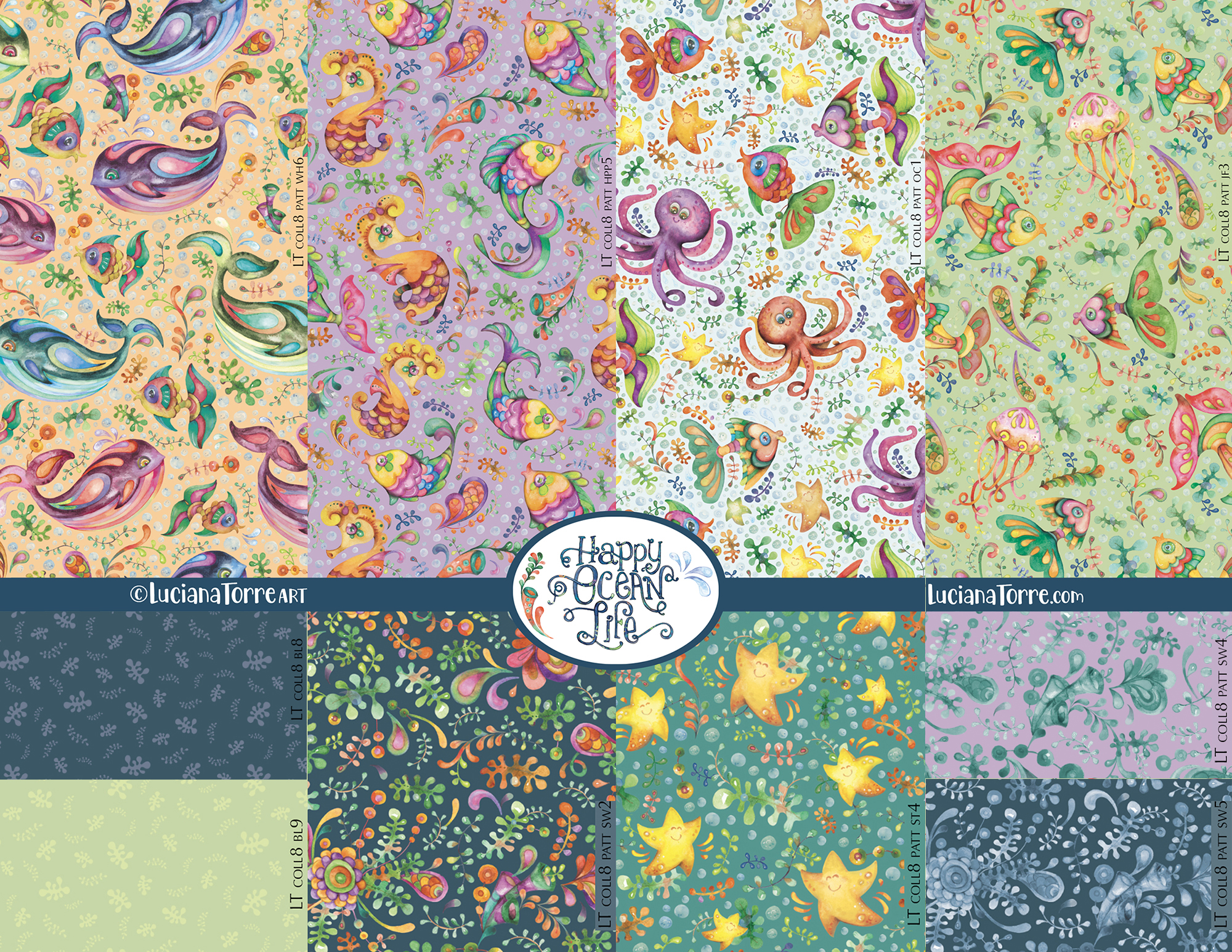 A colorful collection of baby ocean animal prints featuring whimsical illustrations of whales, octopuses, tropical fish, starfish, and marine botanicals arranged in various patterns.