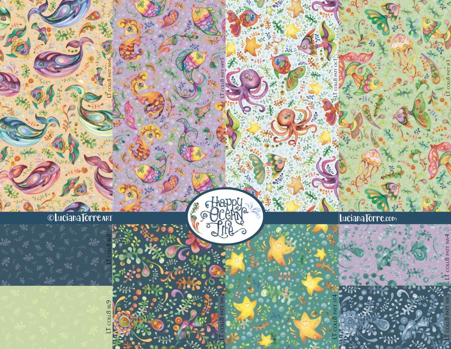 Happy baby ocean animal print designs in bright and vibrant colours: cute whales, full colour tropical fish, cheerful octopuses and starfish play among colorful seaweed and jellyfish. these children's illustrations evoke the heat of summer, relax on the beach, sunny days of summertime and holidays games. Marine illustration and pattern design by Luciana Torre Art