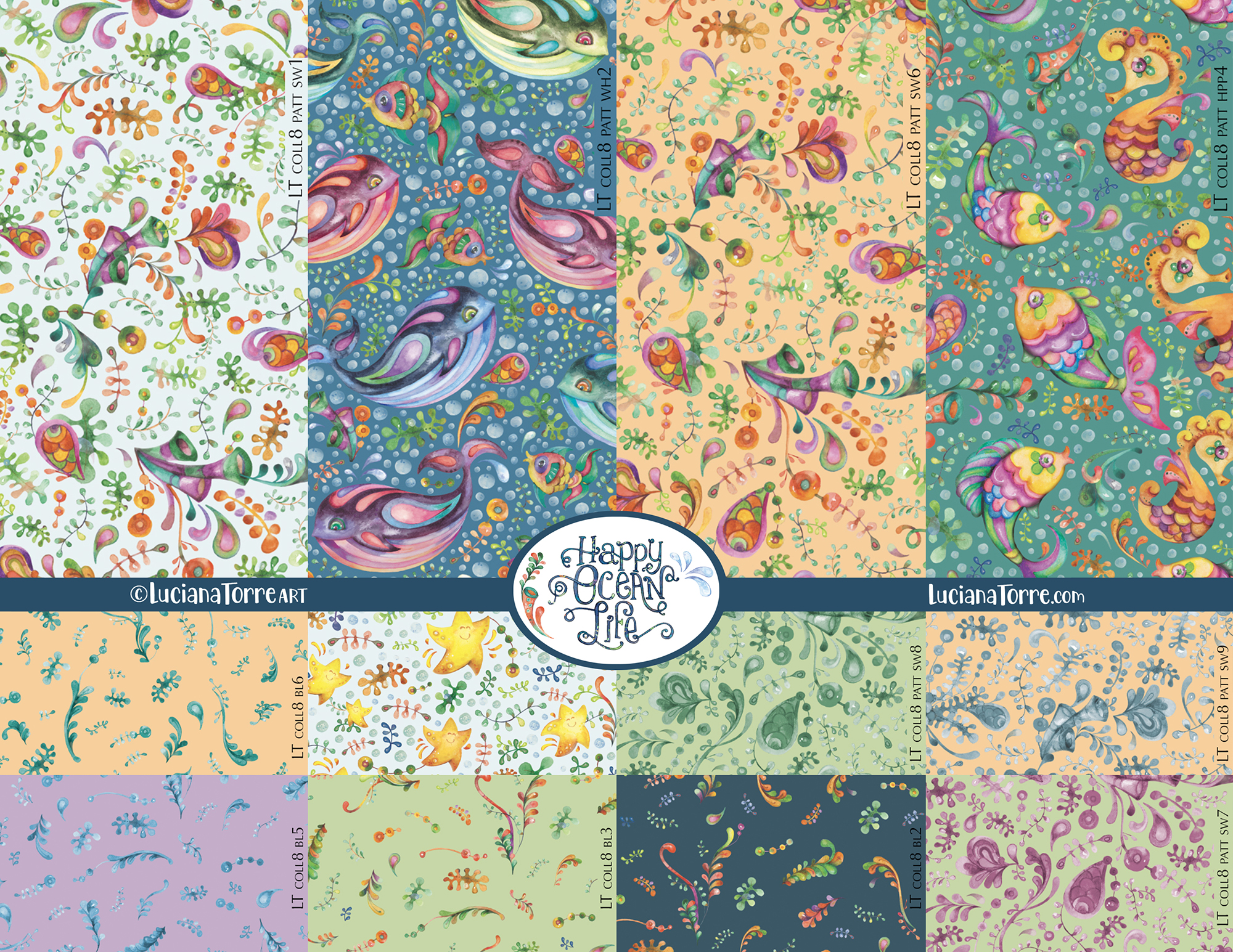 Colorful textile design featuring playful illustrations of baby ocean animals, including whales, tropical fish, starfish, and marine botanicals in a vibrant sea-themed pattern.