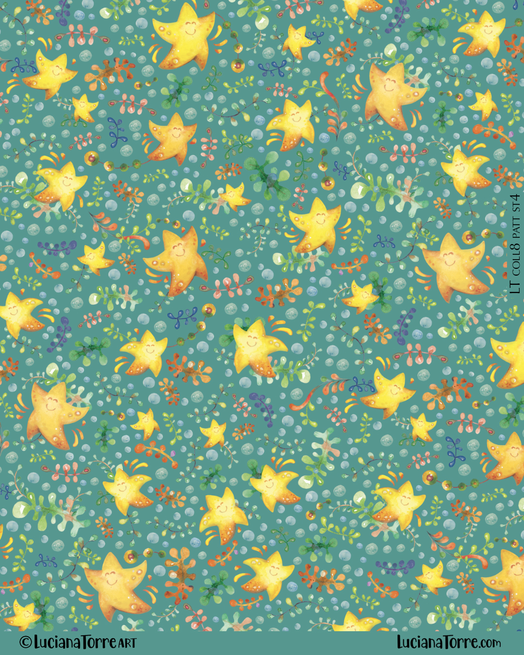 Cheerful baby marine animal print design with playful sea stars in joyful style. Summertime kids illustration of coastal floral and fun starfish pattern design in gold yellow and forest green by Luciana Torre Art
I’m Luciana Torre, a fine artist & illustrator, freelance graphic designer & surface pattern designer with the passion for hand drawn lettering. I’m a commercial artist specialized in watercolor floral illustrations and hand painted botanical designs with gorgeous butterflies. I create joyful art for products available in two ways: by licensing my ready-made designs and creating custom artwork, prints & surface pattern designs. Luciana Torre Art creates unique floral designs and watercolor botanical illustrations for stationery and paper products, as well as floral textiles.