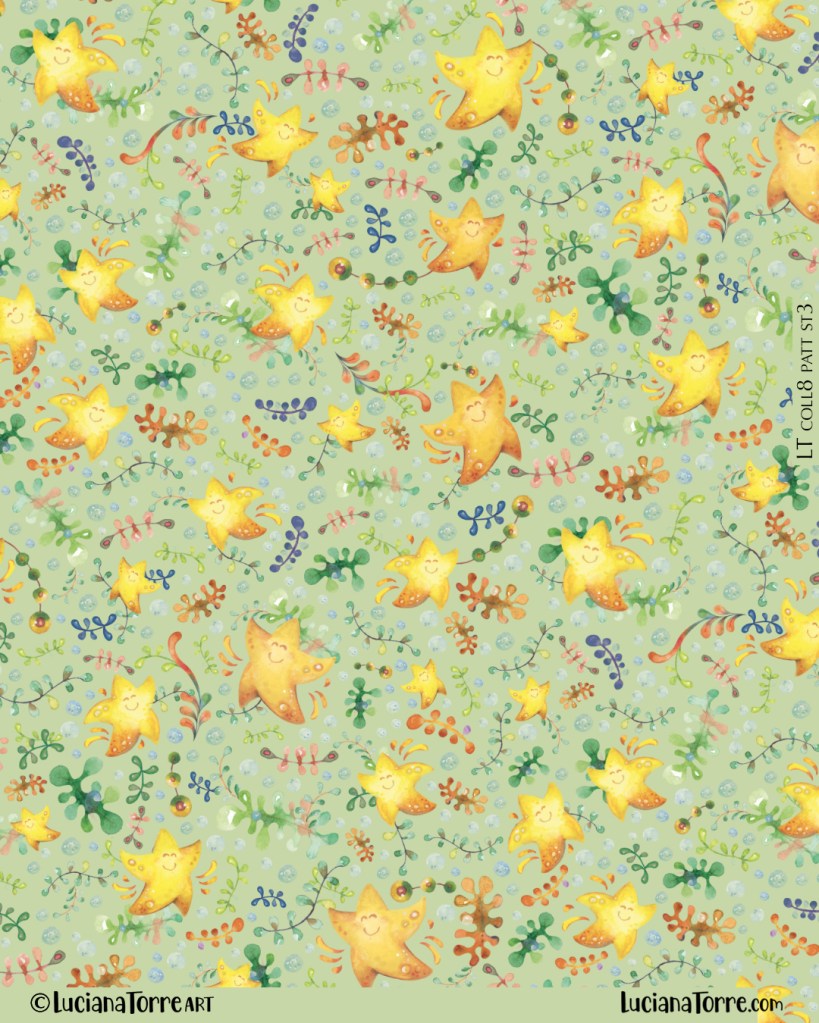 Seamless pattern featuring cheerful yellow starfish among colorful marine plants and bubbles on a light green background.