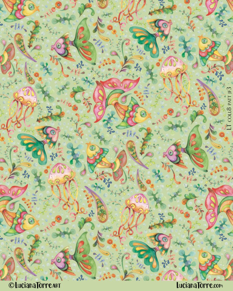 Seamless pattern featuring colorful watercolor illustrations of whimsical jellyfish, fish, and vibrant floral elements on a light green background.