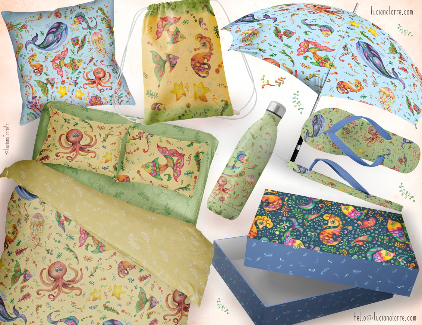 An assortment of colorful children's products featuring playful ocean animal designs, including pillows, bedding, an umbrella, a water bottle, and flip-flops, all adorned with illustrations of whales, octopuses, tropical fish, and starfish in vibrant colors.