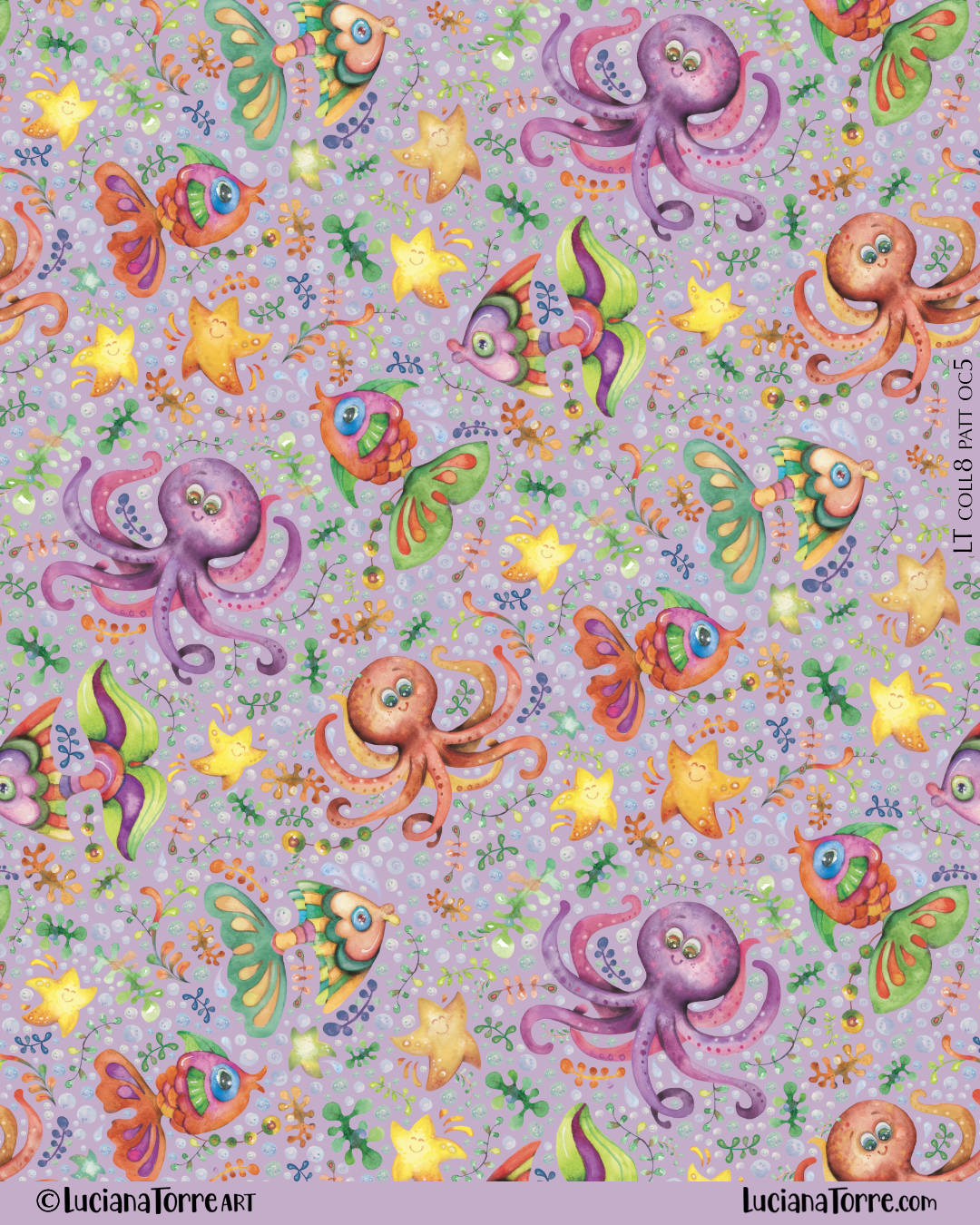Fun baby marine animal print design with playful octopus, wild tropical fish, happy starfish and multicolour seaweed in naif style. Summer coastal children illustration in pastel violet purple pattern design by Luciana Torre Art
I’m Luciana Torre, a fine artist & illustrator, freelance graphic designer & surface pattern designer with the passion for hand drawn lettering. I’m a commercial artist specialized in watercolor floral illustrations and hand painted botanical designs with gorgeous butterflies. I create joyful art for products available in two ways: by licensing my ready-made designs and creating custom artwork, prints & surface pattern designs. Luciana Torre Art creates unique floral designs and watercolor botanical illustrations for stationery and paper products, as well as floral textiles