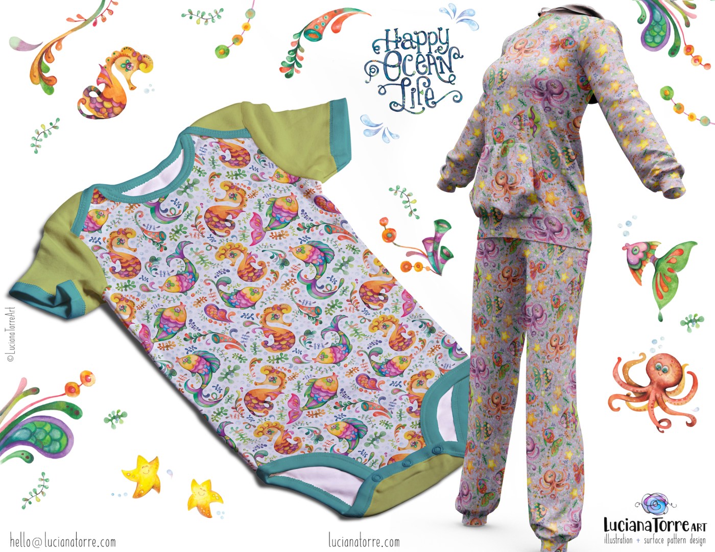 A baby outfit featuring a colorful ocean-themed print with playful sea creatures like seahorses, octopuses, and starfish, surrounded by vibrant marine botanical designs.