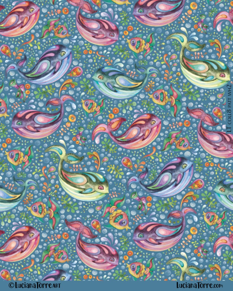 A seamless pattern featuring colorful, playful whales and tropical fish swimming among bubbles and marine vegetation, designed for children's prints.