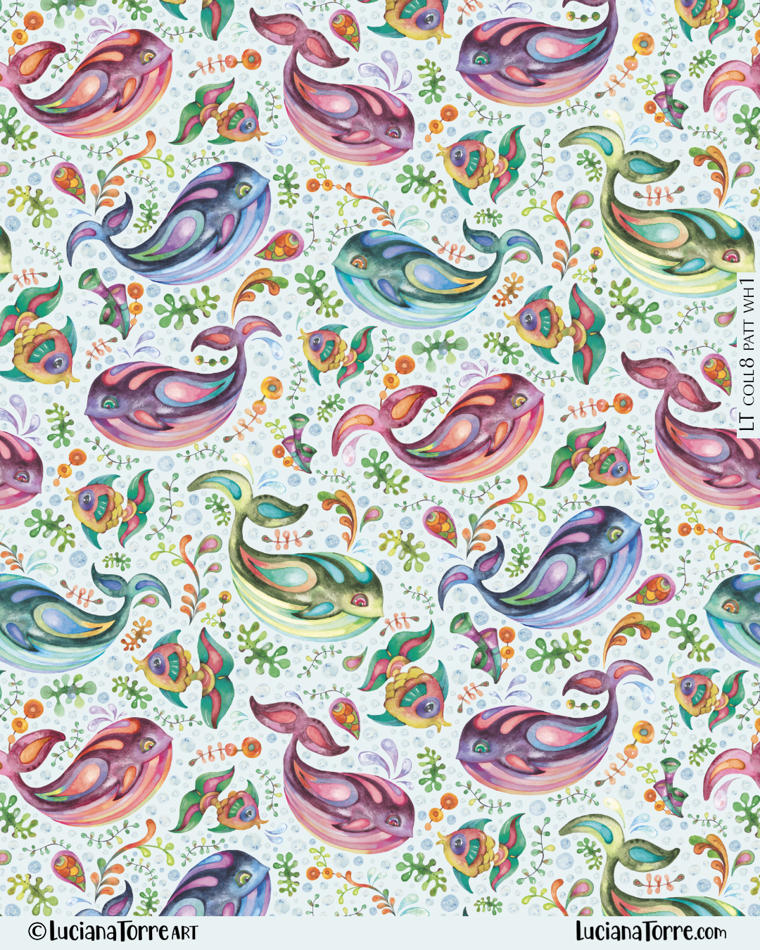 Happy baby ocean animal print design with cute whales, cheerful tropical fish and colorful seaweed. Summertime children illustration and floral marine pattern design in pastel blue sky by Luciana Torre Art
I’m Luciana Torre, a fine artist & illustrator, freelance graphic designer & surface pattern designer with the passion for hand drawn lettering. I’m a commercial artist specialized in watercolor floral illustrations and hand painted botanical designs with gorgeous butterflies. I create joyful art for products available in two ways: by licensing my ready-made designs and creating custom artwork, prints & surface pattern designs. Luciana Torre Art creates unique floral designs and watercolor botanical illustrations for stationery and paper products, as well as floral textiles