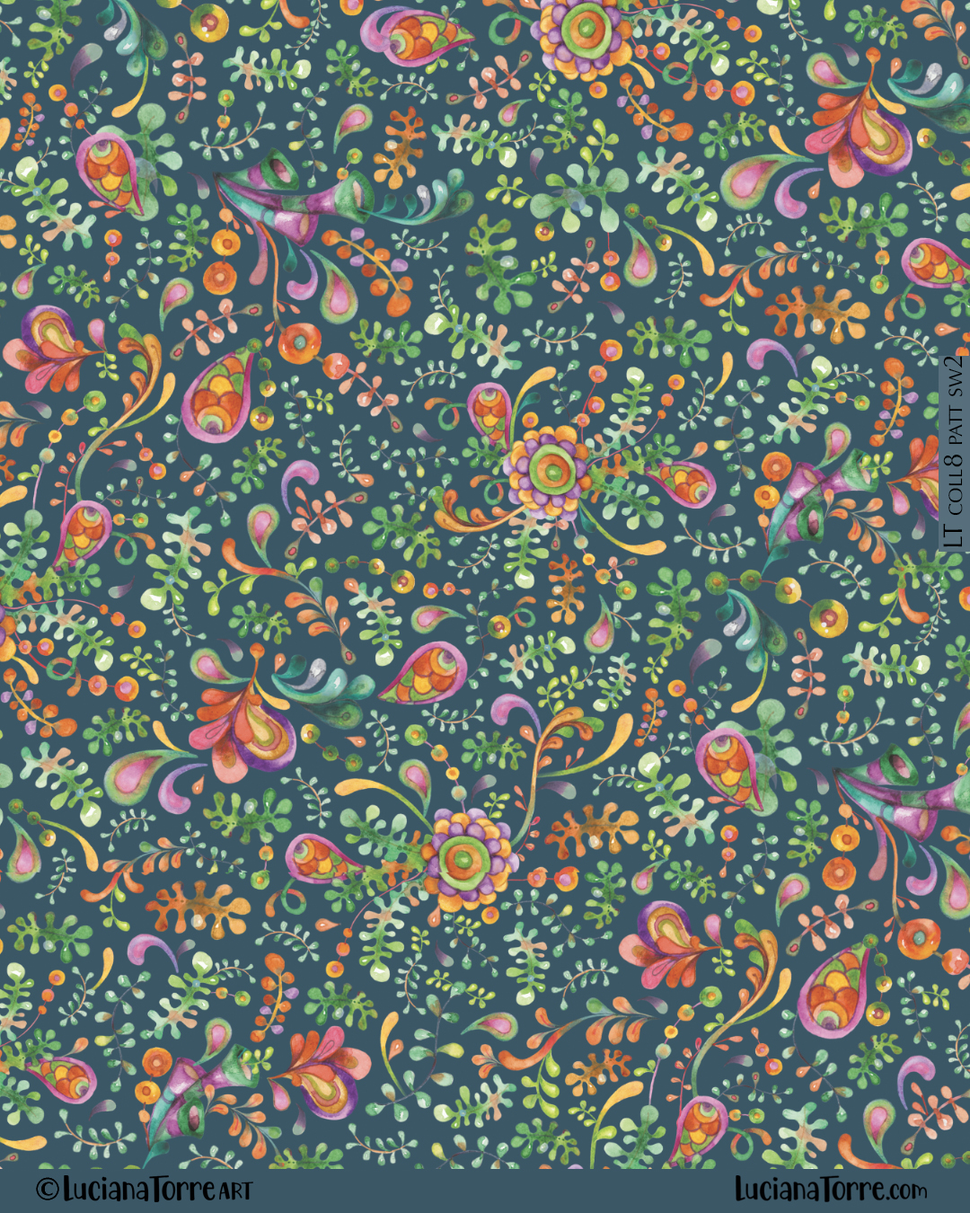 feminine marine flowery print design with bohemian botanical illustration. spring watercolour illustration of coastal floral design in rainbow colours on deep blue in seamless repeat collection by Luciana Torre Art
I’m Luciana Torre, a fine artist & illustrator, freelance graphic designer & surface pattern designer with the passion for hand drawn lettering. I’m a commercial artist specialized in watercolor floral illustrations and hand painted botanical designs with gorgeous butterflies. I create joyful art for products available in two ways: by licensing my ready-made designs and creating custom artwork, prints & surface pattern designs. Luciana Torre Art creates unique floral designs and watercolor botanical illustrations for stationery and paper products, as well as floral textiles