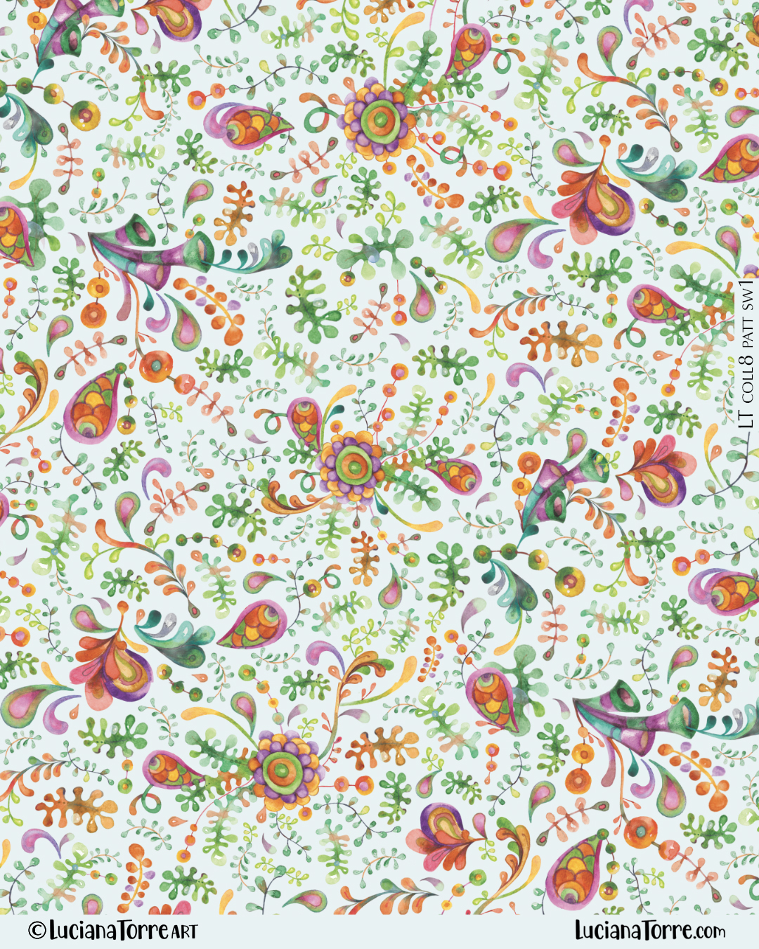 Feminine marine flowery print design with bohemian seaweed. Summertime watercolour illustration of coastal floral pattern design in multicolour rainbow on pastel blue by Luciana Torre Art