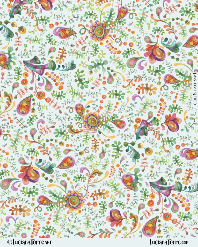 Colorful watercolor pattern featuring whimsical marine flora and fauna, including swirls, flowers, and leaves in vibrant shades of green, orange, purple, and pink.