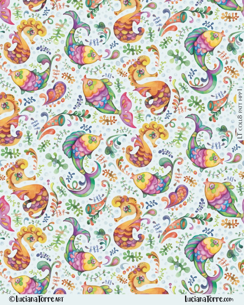 Colorful watercolor pattern featuring playful fish and sea creatures among botanical elements on a light background.