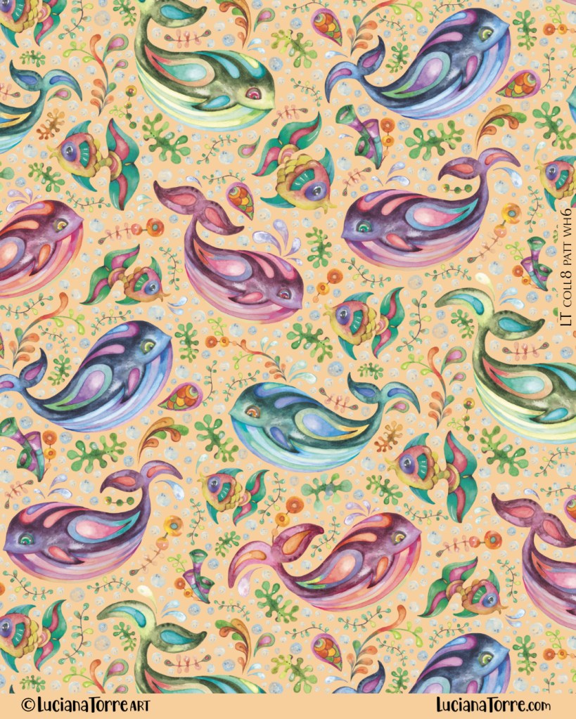 Colorful watercolor pattern featuring playful whales and tropical fish amidst vibrant marine botanicals on a soft pastel background.