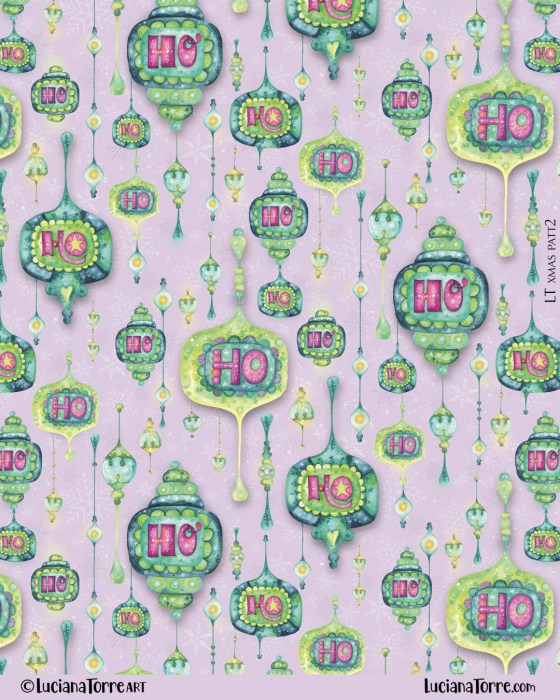 Colorful textile design featuring hand-painted Christmas ornaments with 'Ho Ho' lettering on a light purple background.