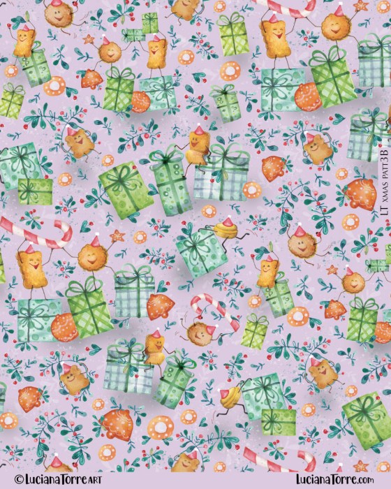 A hand-painted textile design featuring cheerful Christmas elements such as gingerbread cookies, gifts, candy canes, and festive greenery on a light purple background.