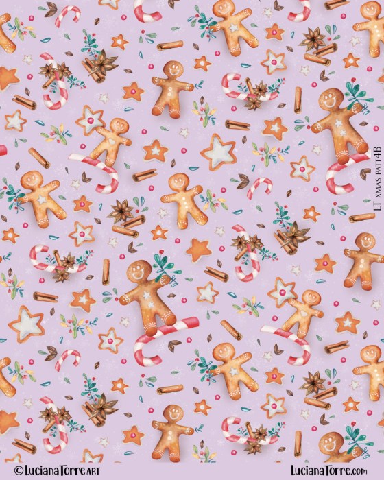 Colorful hand-painted pattern featuring gingerbread cookies, candy canes, stars, and winter spices on a lavender background, ideal for a cozy winter holiday theme.