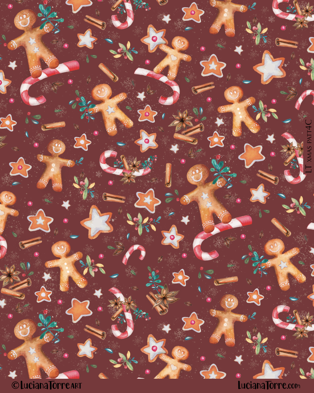 merry christmas and happy winter holidays design of playful ginger bread cookies on sweet candycane and cinnamon. winter comfort food illustration painted by hand for festive pattern design print in Christmas red and green color palette. seasonal design of cozy Christmas decorations and hygge winter icons by food illustrator Luciana Torre Art