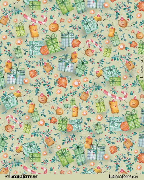 Pattern design featuring hand-painted Christmas gifts, cheerful animal characters, and festive elements such as candy canes and winter greenery on a light background.