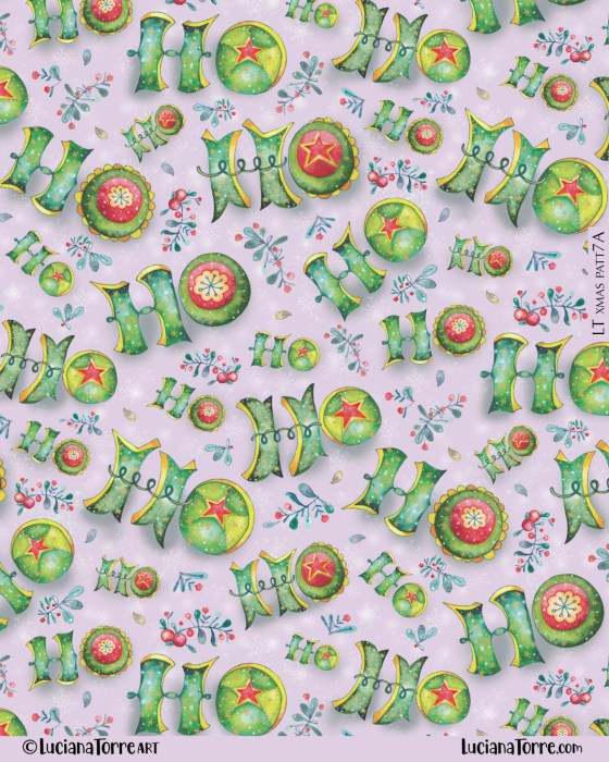 Colorful hand-painted Christmas pattern featuring 'Ho Ho Ho' lettering, ornaments, and winter greenery on a light purple background.