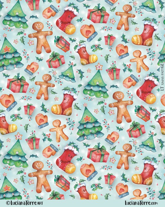 A repeating pattern design featuring hand-painted Christmas illustrations including gingerbread cookies, Christmas stockings, decorated trees, gifts, and holiday ornaments, all set against a light blue background.