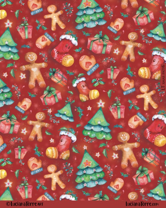 A festive textile design featuring various hand-painted Christmas icons, including gingerbread cookies, Christmas trees, stockings, gifts, and winter greenery, all set against a red background.