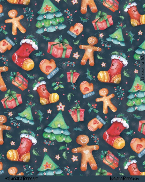 A cozy Christmas textile design featuring hand-painted illustrations of gingerbread cookies, Christmas stockings, Christmas trees, gifts, and holly against a dark background.