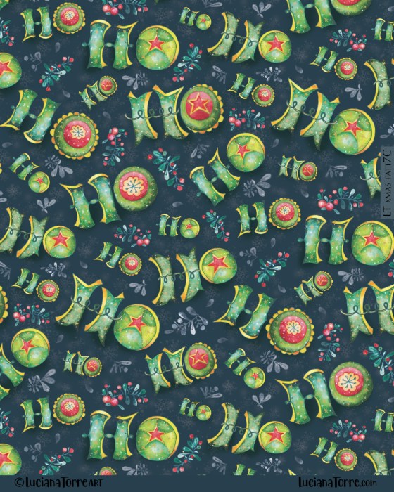 Colorful hand-painted 'Ho Ho Ho' pattern with Christmas ornaments and foliage, set against a dark background.