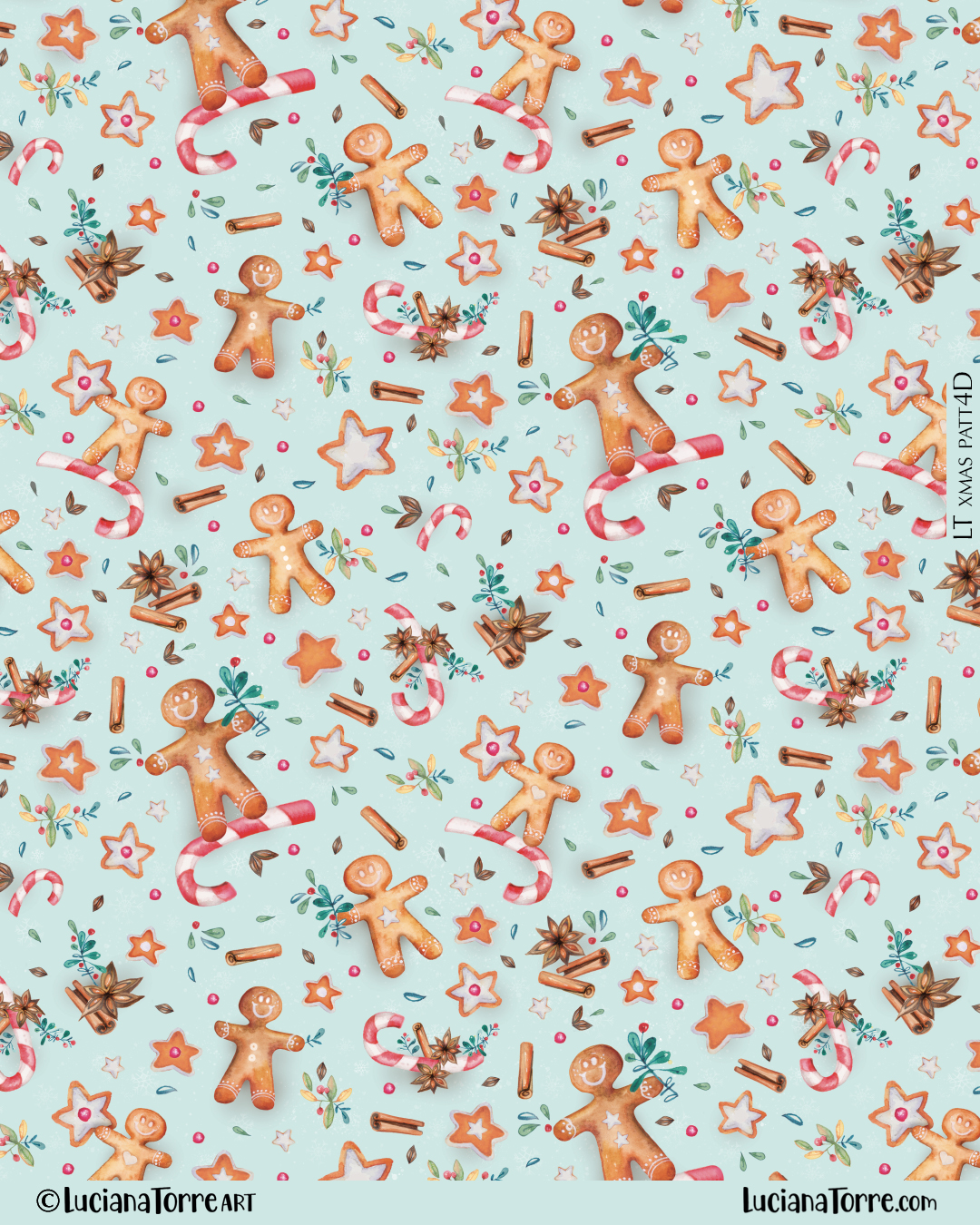 merry christmas and happy winter holidays design of cheerful ginger bread cookies on candy sugarcane and cinnamon. hand painted winter comfort food illustration in festive print pattern design on classic Christmas red and green colours on pastel blue sky. Cozy seasonal design of Christmas decorations and winter icons by food illustrator Luciana Torre Art
I’m Luciana Torre, a fine artist & illustrator, freelance graphic designer & surface pattern designer with the passion for hand drawn lettering. I’m a commercial artist specialized in watercolor floral illustrations and hand painted botanical designs with gorgeous butterflies. I create joyful art for products available in two ways: by licensing my ready-made designs and creating custom artwork, prints & surface pattern designs. Luciana Torre Art creates unique floral designs and watercolor botanical illustrations for stationery and paper products, as well as floral textiles
