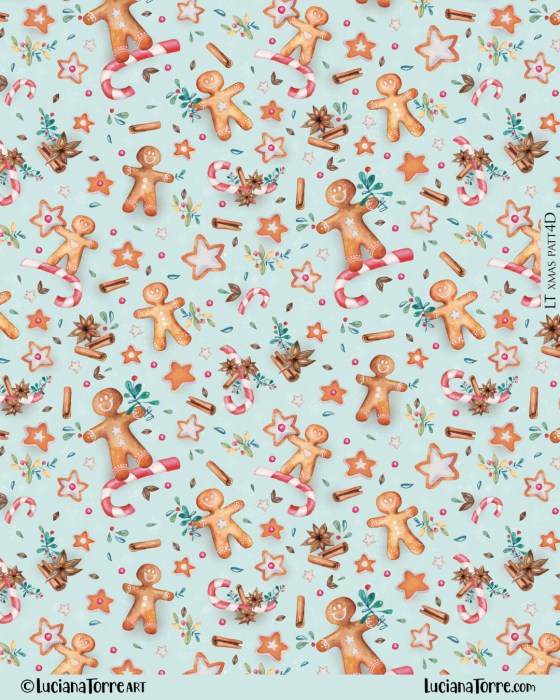 Cozy Christmas textile design featuring hand-painted gingerbread cookies, candy canes, stars, and winter spices against a light blue background.