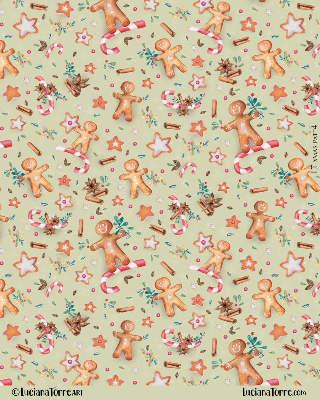 merry christmas and happy winter holidays design of sweet ginger bread cookies on candy sugarcane and mistletoes. hand painted winter comfort food illustration on festive pattern print in Christmas red and green colours on pastel green. Cozy seasonal design of Christmas decorations and hygge winter icons by food illustrator Luciana Torre Art

I’m Luciana Torre, a fine artist & illustrator, freelance graphic designer & surface pattern designer with the passion for hand drawn lettering. I’m a commercial artist specialized in watercolor floral illustrations and hand painted botanical designs with gorgeous butterflies. I create joyful art for products available in two ways: by licensing my ready-made designs and creating custom artwork, prints & surface pattern designs. Luciana Torre Art creates unique floral designs and watercolor botanical illustrations for stationery and paper products, as well as floral textiles
