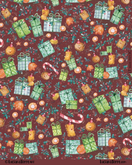 A festive textile design featuring hand-painted illustrations of Christmas presents, cheerful food icons, and holiday motifs on a warm burgundy background.