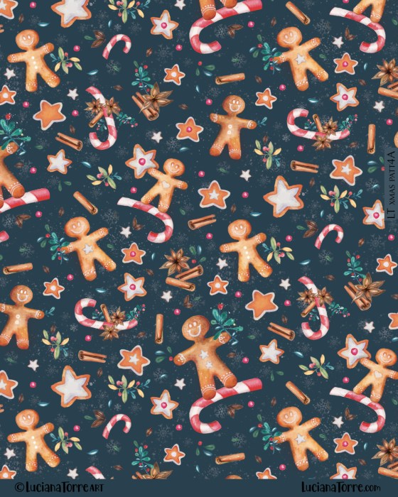 Pattern design featuring hand-painted gingerbread cookies, candy canes, star-shaped cookies, and winter spices on a dark background.