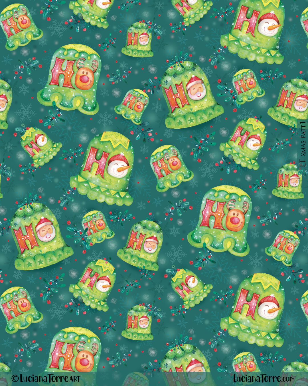 happy christmas and winter holidays design with illustrated lettering on Christmas bells with santa, snowman and deer faces. Cheerful festive pattern print hand painted in Christmas red and green colours. Cozy seasonal design of Christmas decorations and winter icons by hand drawn lettering artist Luciana Torre Art
I’m Luciana Torre, a fine artist & illustrator, freelance graphic designer & surface pattern designer with the passion for hand drawn lettering. I’m a commercial artist specialized in watercolor floral illustrations and hand painted botanical designs with gorgeous butterflies. I create joyful art for products available in two ways: by licensing my ready-made designs and creating custom artwork, prints & surface pattern designs. Luciana Torre Art creates unique floral designs and watercolor botanical illustrations for stationery and paper products, as well as floral textiles
