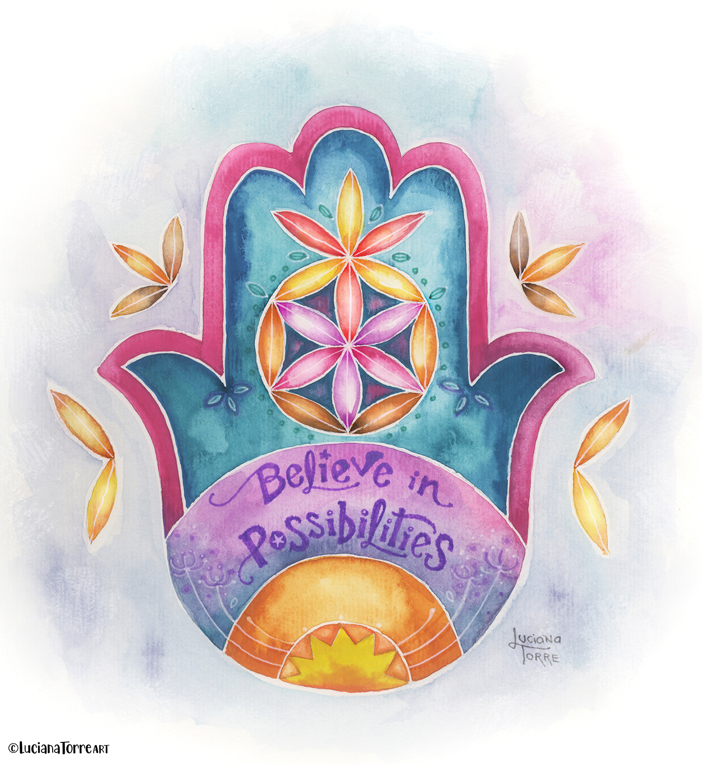 hamsa hand design hand painted in watercolours in pink purple violet blue with golden flower of life illustration and uplifting positive quote of self care hand drawn by lettering artist Luciana Torre Art. boho design of sacred geometry art with joy and peace for home decor and wall art.
I’m Luciana Torre, a fine artist & illustrator, freelance graphic designer & surface pattern designer with the passion for hand drawn lettering. I’m a commercial artist specialized in watercolor floral illustrations and hand painted botanical designs with gorgeous butterflies. I create joyful art for products available in two ways: by licensing my ready-made designs and creating custom artwork, prints & surface pattern designs. Luciana Torre Art creates unique floral designs and watercolor botanical illustrations for stationery and paper products, as well as floral textiles