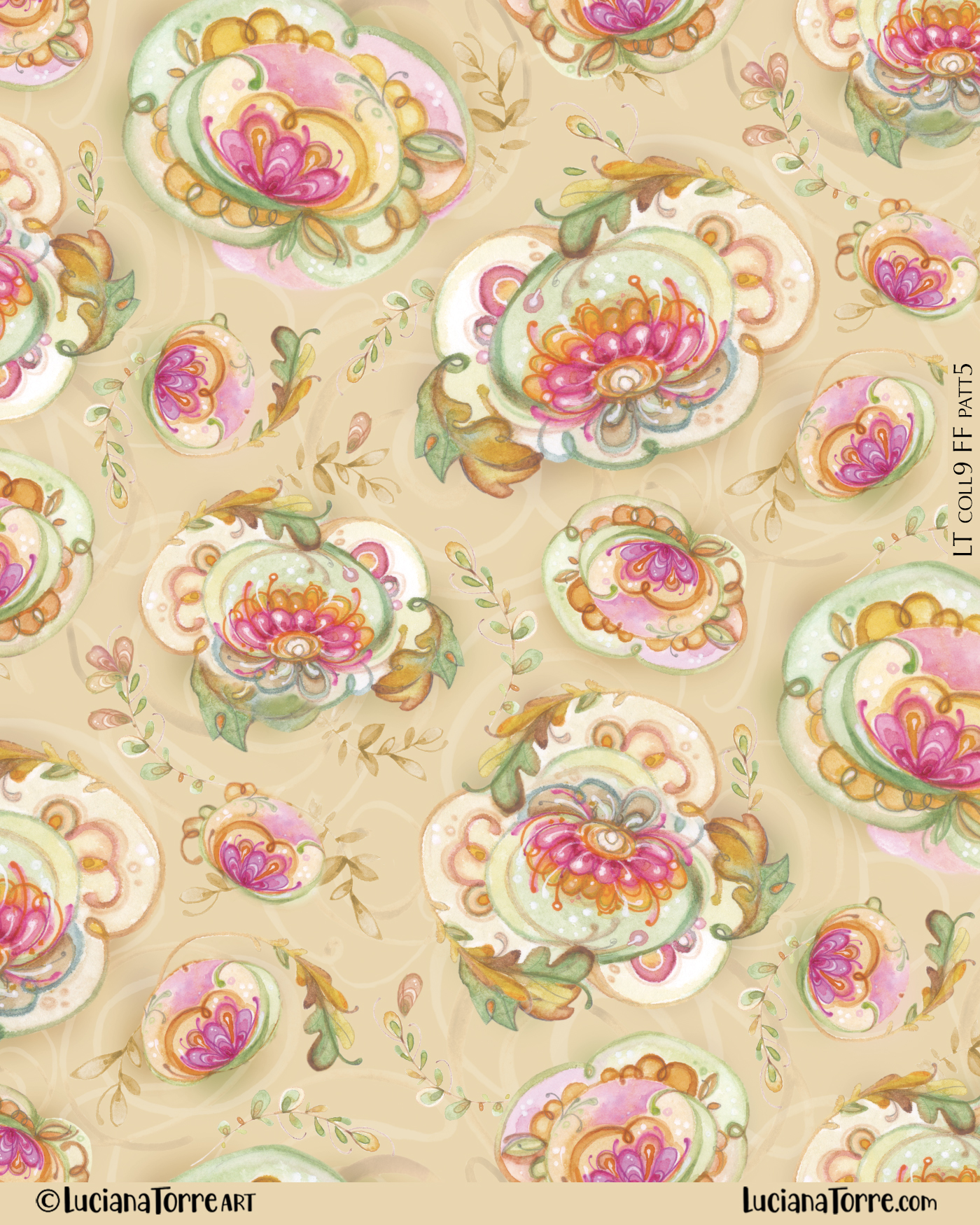 elegant autumn flowers design in earthy orange pink and green ocher brown with daisies and fall leaves. Seamless pattern repeat with fall florals bouquet hand painted in watercolours by floral artist Luciana Torre Art
I’m Luciana Torre, a fine artist & illustrator, freelance graphic designer & surface pattern designer with the passion for hand drawn lettering. I’m a commercial artist specialized in watercolor floral illustrations and hand painted botanical designs with gorgeous butterflies. I create joyful art for products available in two ways: by licensing my ready-made designs and creating custom artwork, prints & surface pattern designs. Luciana Torre Art creates unique floral designs and watercolor botanical illustrations for stationery and paper products, as well as floral textiles