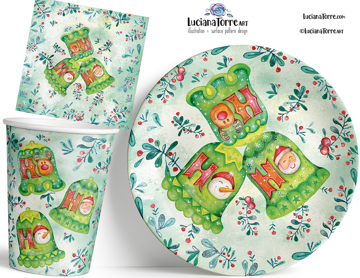Hand-painted Christmas design featuring whimsical green bells with 'Ho Ho Ho' text, surrounded by festive winter greenery and red berries, displayed on a cup, plate, and card.