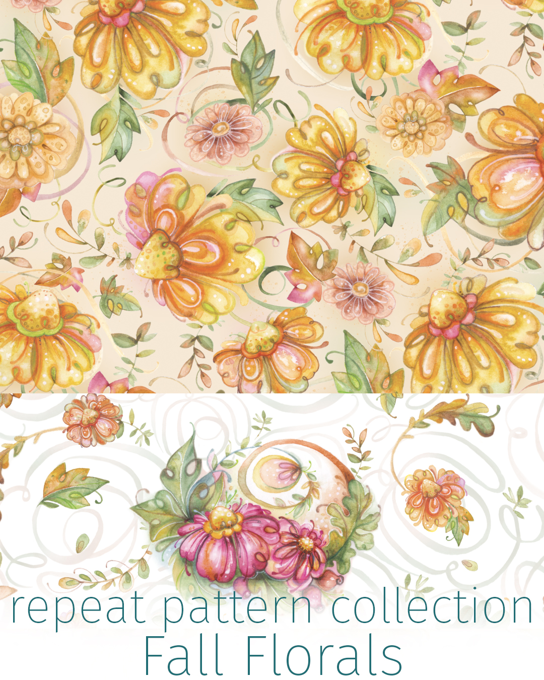 elegant fall florals design collection in earthy natural colours with autumn flowers and falling leaves. Bohemian bouquet of autumn florals prints in pattern repeat hand painted in watercolours by floral artist Luciana Torre Art. FALL FLORALS REPEAT PATTERN DESIGNS of modern autumn floral pastel design in earthy green and ocher brown with golden yellow chrysanthemum and pink rose daisies with fall leaves ideal for home decor and paper goods.