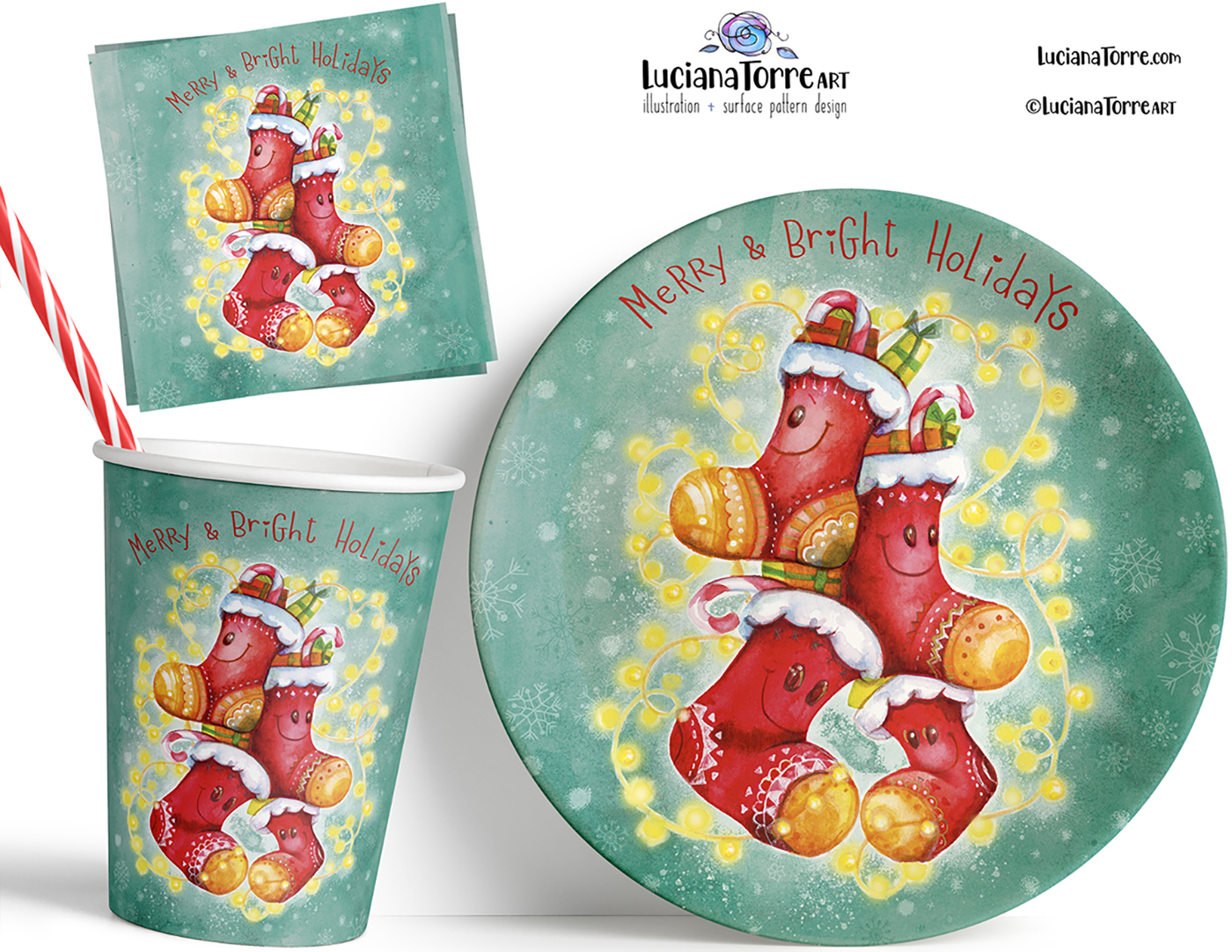 Festive Christmas tableware design featuring cheerful red stockings adorned with lights and winter-themed decorations, accompanied by the text 'Merry & Bright Holidays'.