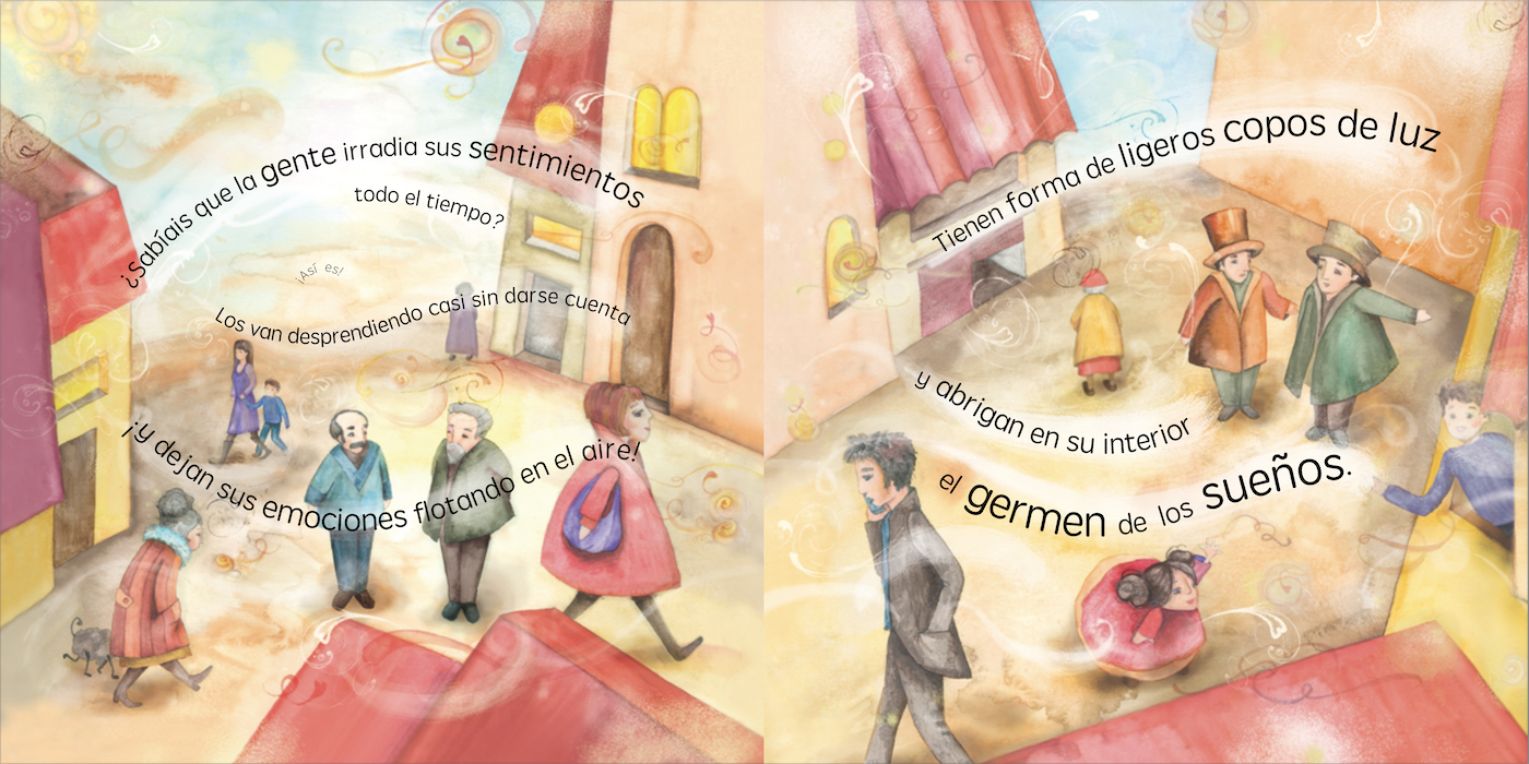 Página de cuento infantil con preguntas sobre emociones para fomentar la inteligencia emocional en niños. Libro para metodologia Montessori