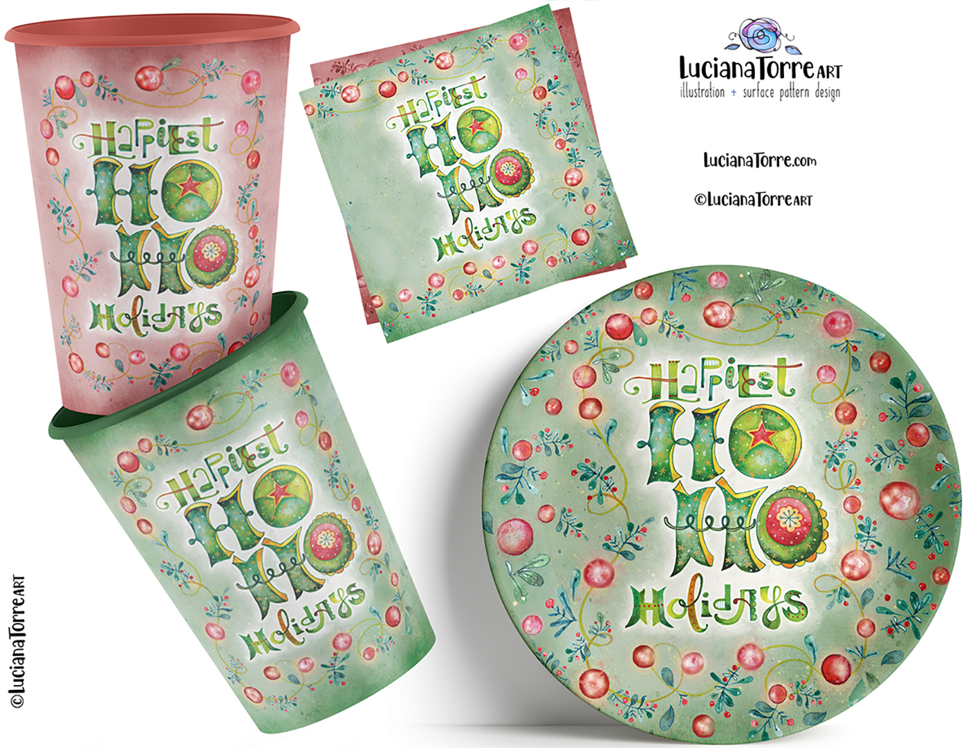 Colorful holiday-themed tableware featuring a hand-painted design with the phrase 'Happiest Ho Ho Holidays'. The collection includes cups, napkins, and a plate, adorned with decorative elements like stars, swirls, and ornaments.